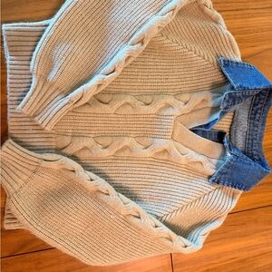 Commense Cream V-Neck Sweater with Denim Collar